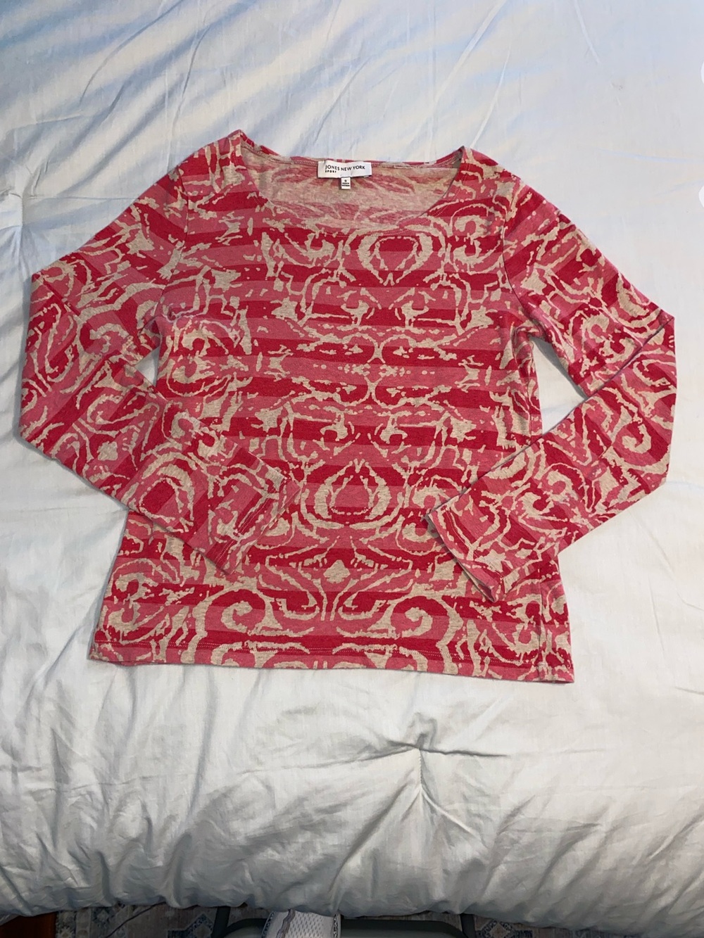Jones New York Pink, Coral, and Cream Patterned Long-Sleeve Top